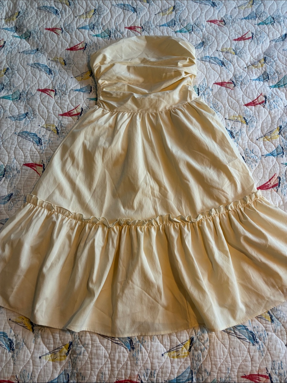 Cider Strapless Pastel Yellow Ruffle-Hem Dress, beige. Never worn.